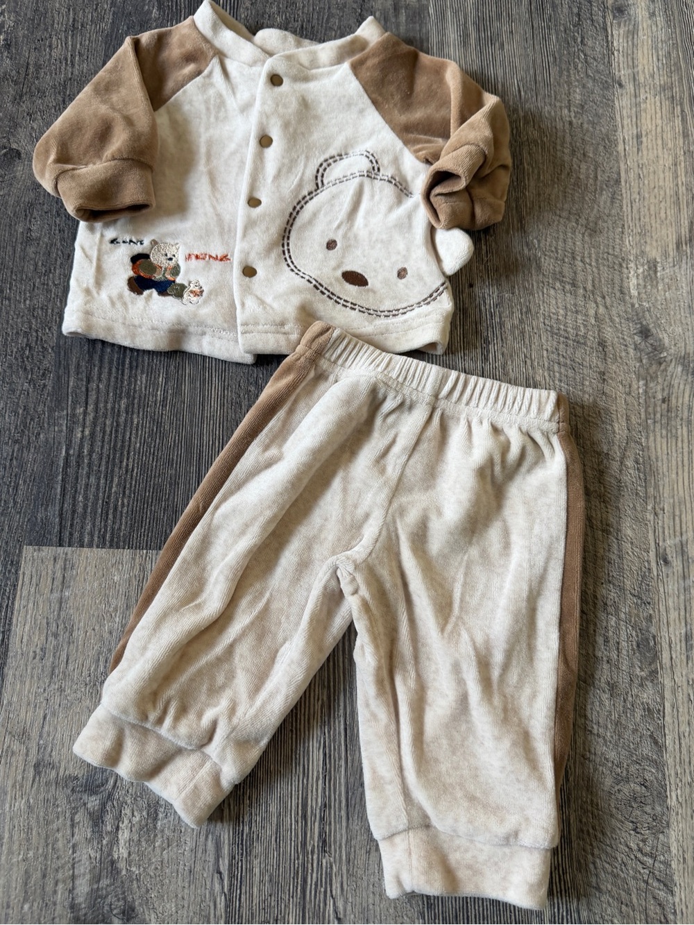 Baby Sprockets Velour Bear 2 Piece Outfit Set Neutral Brown Cream 3M Vintage